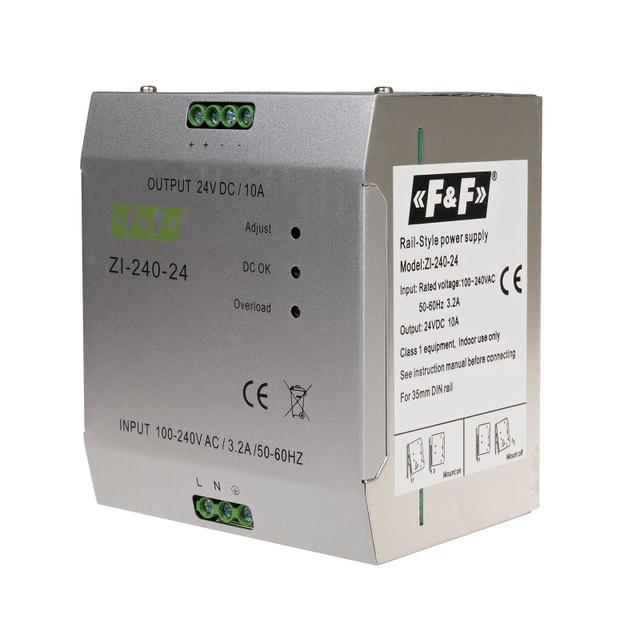 Zasilacz impulsowy przemysłowy nap. wej. 90-264V AC/120-370V DC P=240W nap. Wyj. 24V DC ZI-240-24V F&F