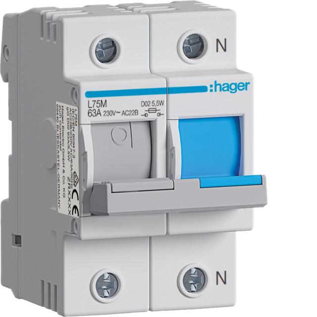 Modułowy rozłącznik bezpiecznikowy poziomy D02 1P+N 63A 400VAC 110/220VDC L75M HAGER