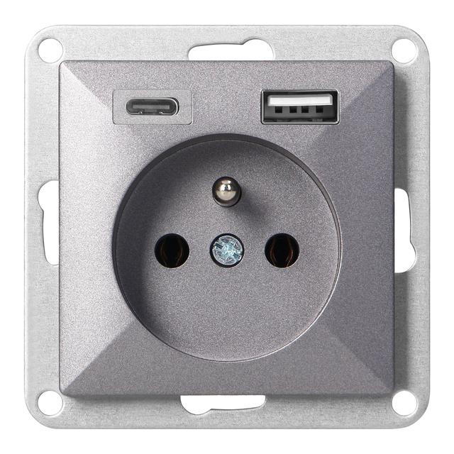 Gniazdo pojedyncze podtynkowe 2P+Z z ładowarką USB A+C Pearl, 16A, 250V, PT-16P/USB, antracyt