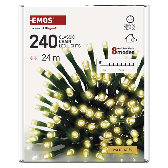Lampki choinkowe Classic 240 LED 24m ciepła biel zielony przewód IP44 8 program. timer D4AW25 EMOS