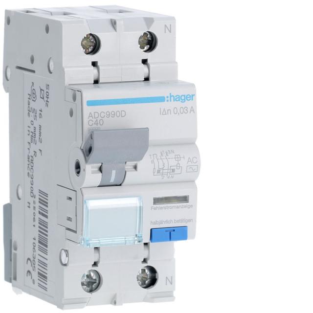 RCBO Wyłącznik różnicowoprądowy z członem nadprądowym 1P+N 6kA C40A 30mA Typ AC ADC990D HAGER