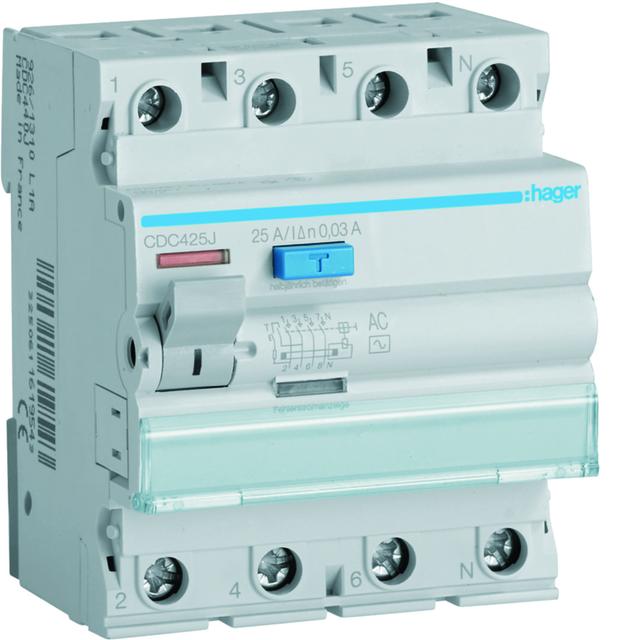 RCCB Wyłącznik różnicowoprądowy 3P+N 25A 30mA 6kA AC CDC425J HAGER