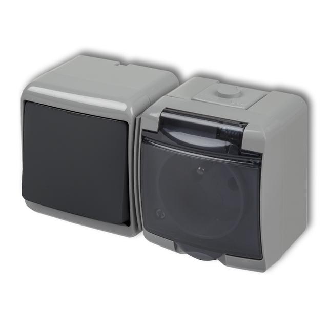 JUNIOR Łącznik jednobiegunowy z gniazdem pojedynczym z uziemieniem 2P+Z (klapka dymna; bez przesłon)