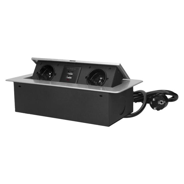 Gniazdo meblowe wpuszczane w blat z płaskim frezowanym rantem ładowarką USB i przewodem 3m 2x2P+Z OR