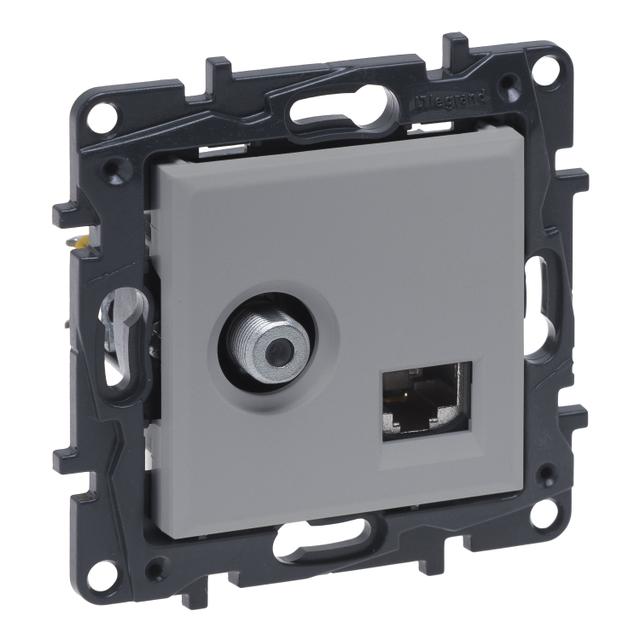 Niloe Step - Gniazdo Tv Typu ''F'' Końcowe Do Instalacji Typu Gwiazda 1,5 Db + Rj 45 Kat. 6 Utp- Kolor Aluminium 863377 LEGRAND