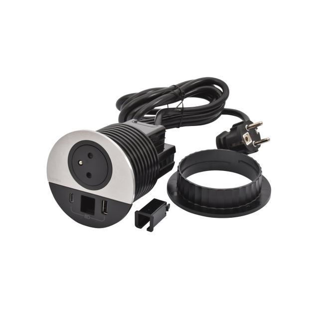 INCARA: DISQ 80 - 2P+Z / USB A+C / WYJŚCIE KABLOWE - 2,0 M-METAL/CZARNY, Legrand