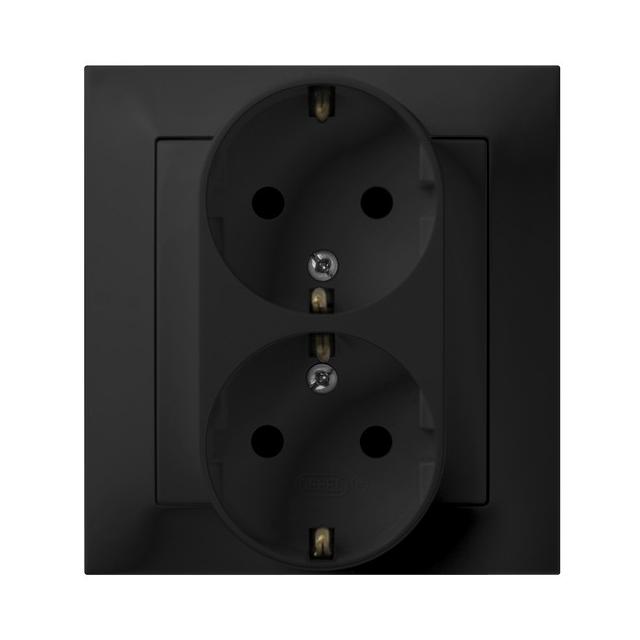 IMPRESJA Gniazdo podwójne z uziemieniem schuko kompletne z ramką - kolor czarny metalik