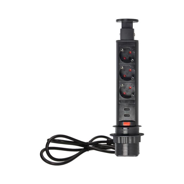 Gniazdo meblowe O6cm wysuwane z blatu z ładowarką USB blokadą i przewodem 1,8m 3x2P+Z (Schuko) cz OR