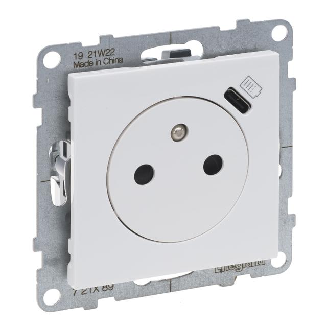SUNO - Gniazdo płaskie 2P+Z - 16 A - z USB Typ - C - 1,5 A - zaciski automatyczne - z przesłoną, Bia