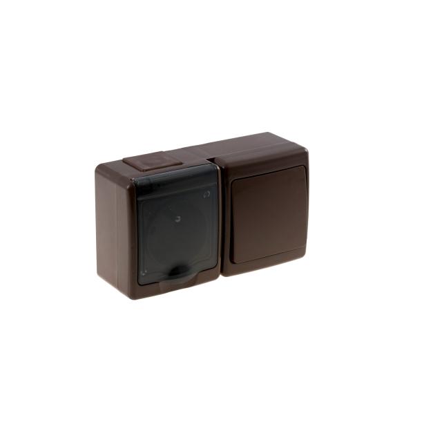 Wyłącznik BETA1, pojedynczy, jednobiegunowy z gniazdem BETA1, pojed., 2P+Z, IP44, dymnym, ob. brąz