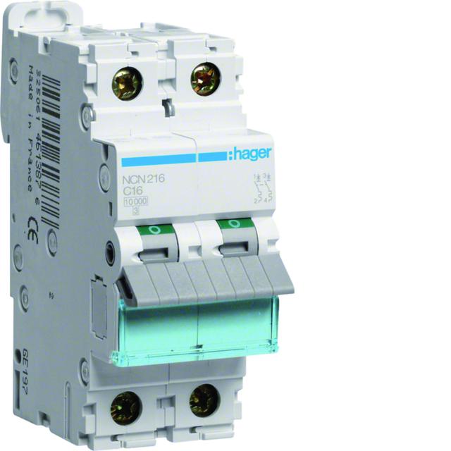 MCB Wyłącznik nadprądowy 10kA/15kA 2P C 16A NCN216 HAGER
