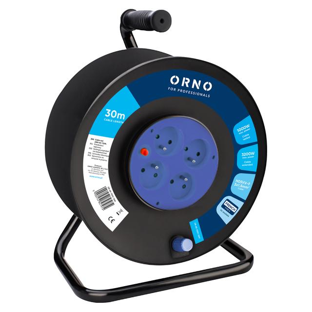 Przedłużacz bębnowy, 4 gniazda 2P+Z, kabel PVC H05VV-F 3x1.5mm2, 30m, termik, przesłony torów prądow