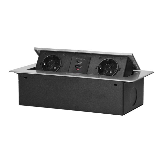 Gniazdo meblowe wpuszczane w blat z płaskim frezowanym rantem i ładowarką USB, 2x2P+Z (Schuko),2x US