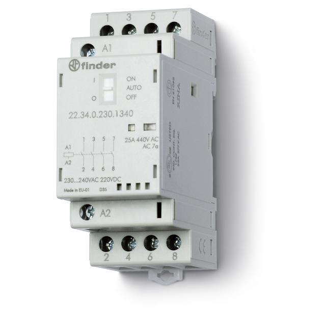 Stycznik modułowy 4 Z; 25A; 230V AC/DC; AUTO-ON-OFF + mech. wskaźnik zadziałania + LED, 22.34.0.230.