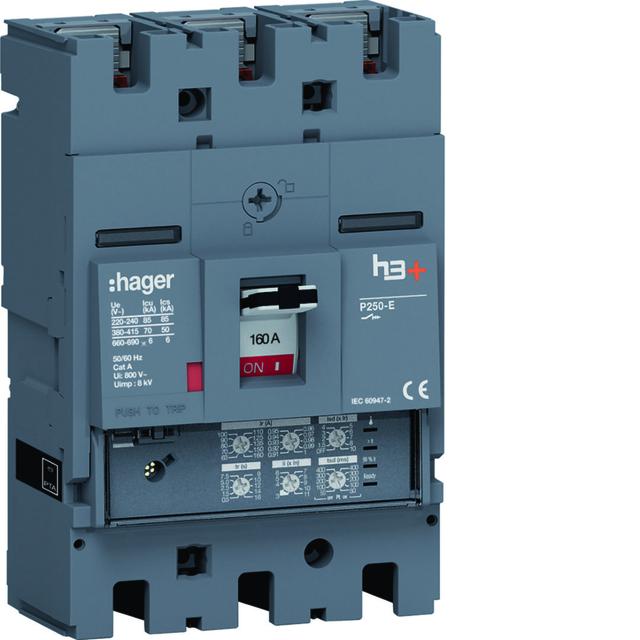 MCCB Wyłącznik mocy h3+ P250 3P 160A 70kA LSI HET160JR HAGER