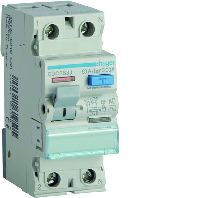 RCCB Wyłącznik różnicowoprądowy 1P+N 63A 30mA 6kA AC CDC263J HAGER
