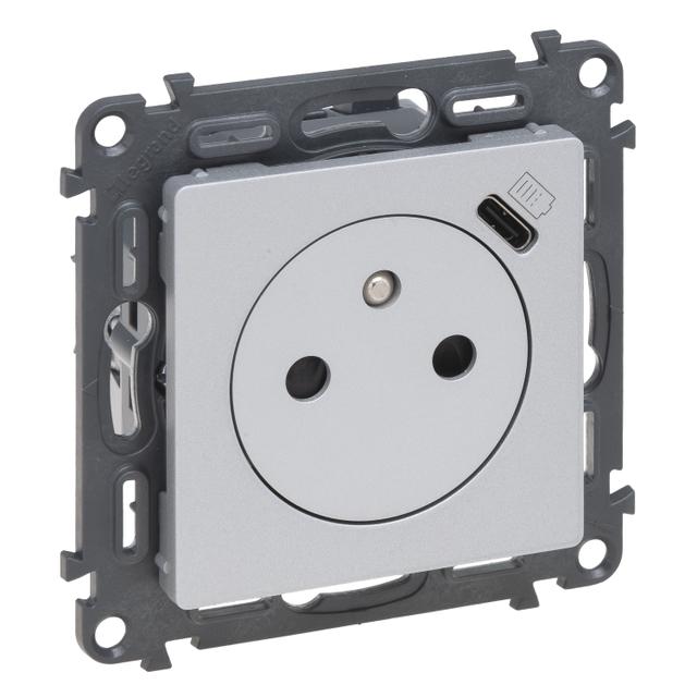 VALENA LIFE - GNIAZDO 2P+Z Z GNIAZDEM USB TYP C - ALUMINIUM