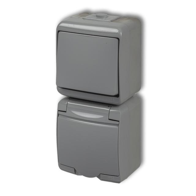 JUNIOR Łącznik jednobiegunowy z gniazdem pojedynczym z uziemieniem 2P+Z (klapka popielata; bez przes