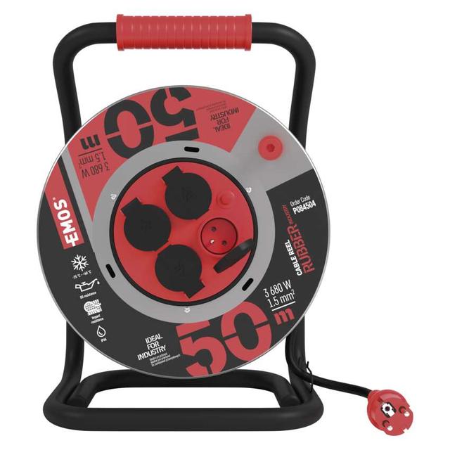 Przedłużacz zwijany guma/neopren 4 gniazda, 3x1,5, 50m metal P084504 EMOS