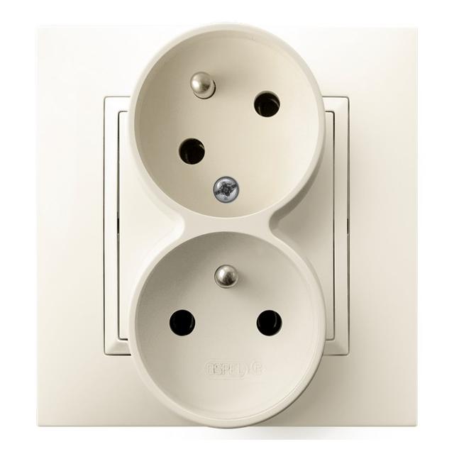 ARIA Gniazdo podwójne z uziemieniem z funkcją niezamienności faz, kompletne z ramką - kolor ecru