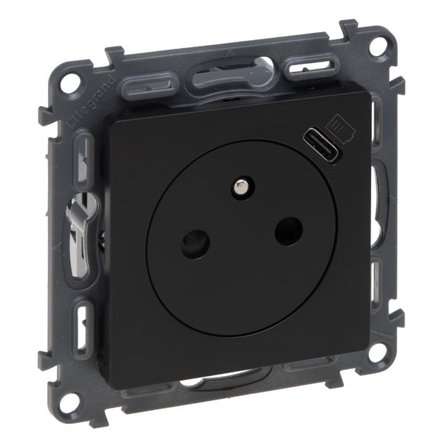 VALENA LIFE - GNIAZDO 2P+Z Z GNIAZDEM USB TYP C - CZARNE