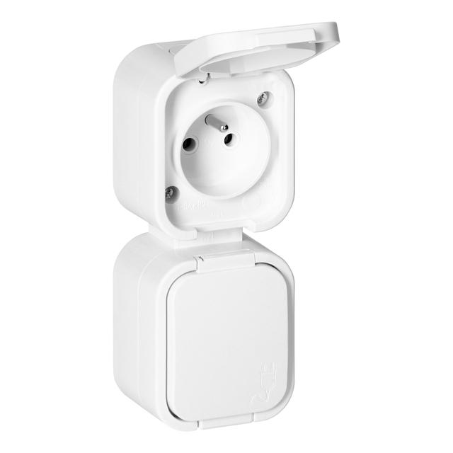 Gniazdo podwójne natynkowe 2x2P+Z, bryzgoszczelne z klapką, pionowe B2, IP54, NT-6B2/P, biały