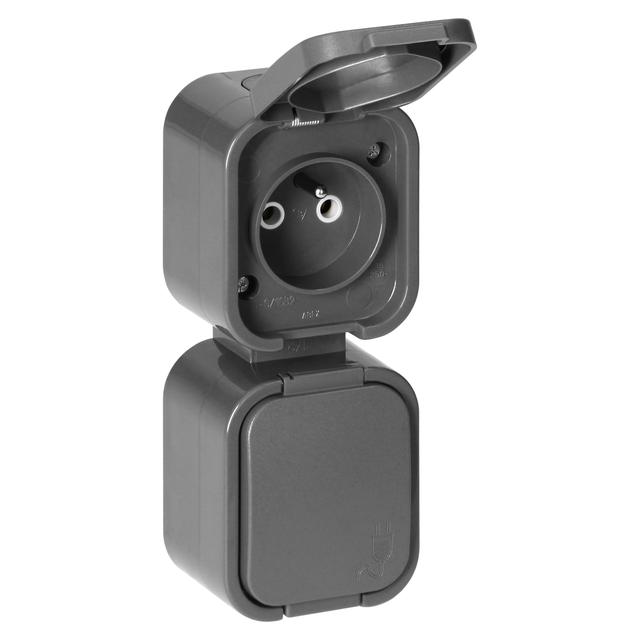 Gniazdo podwójne natynkowe 2x2P+Z, bryzgoszczelne z klapką, pionowe B2, IP54, NT-6B2/P, szary OR-OE-7806/V/G ORNO
