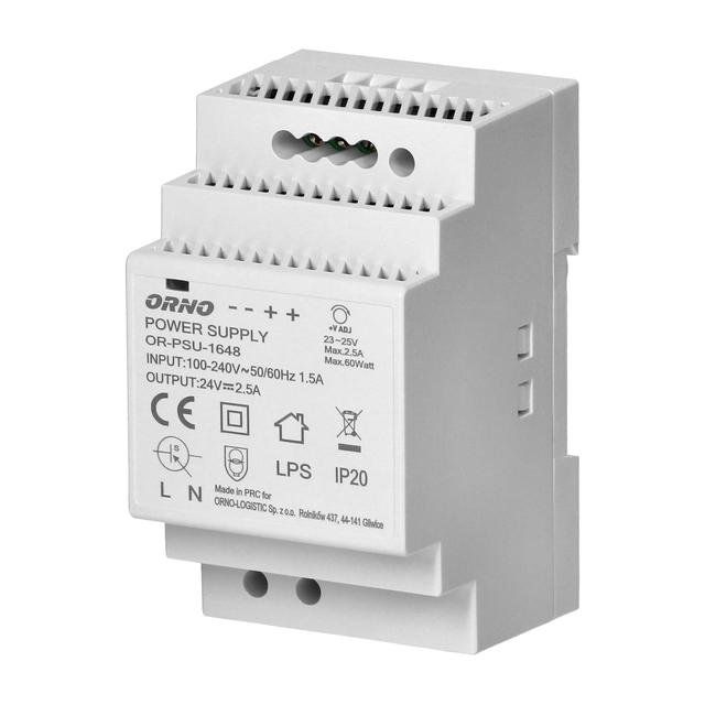Zasilacz na szynę DIN 24VDC 2,5A 60W szerokość 3 moduły OR-PSU-1648 ORNO