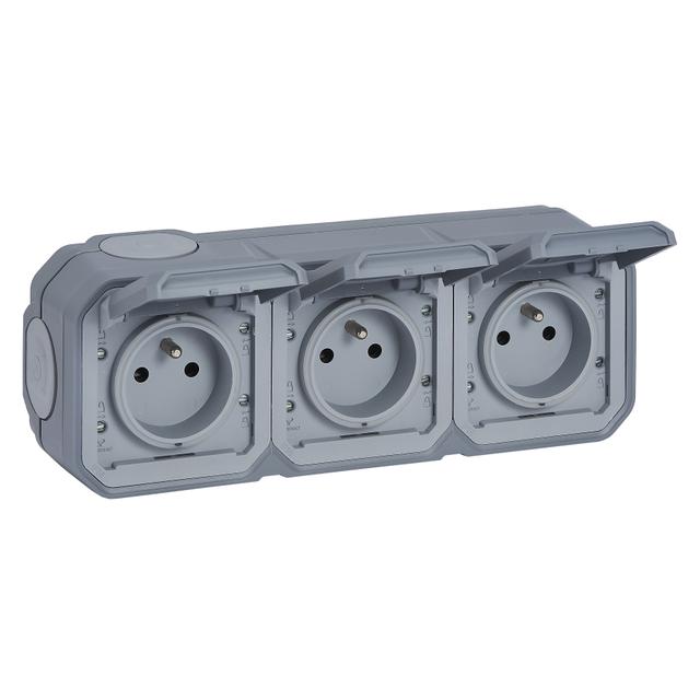 NOWE PLEXO - GNIAZDO 3X2P+Z POZIOME KOMPLET NATYNKOWY 16 A - 250 V SZARE 069763L LEGRAND