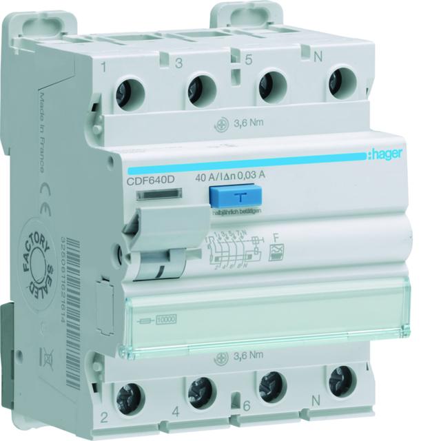 RCCB Wyłącznik różnicowoprądowy 3P+N 40A 30mA 10kA F CDF640D HAGER