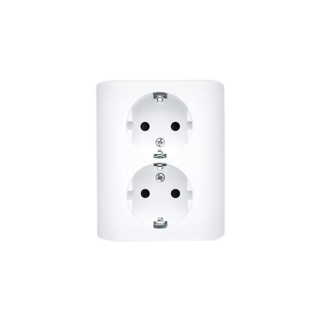 Simon 54 Gniazdo podwójne Schuko p/t z przesłonami wersja skandynawska 16A z. śrub. biały