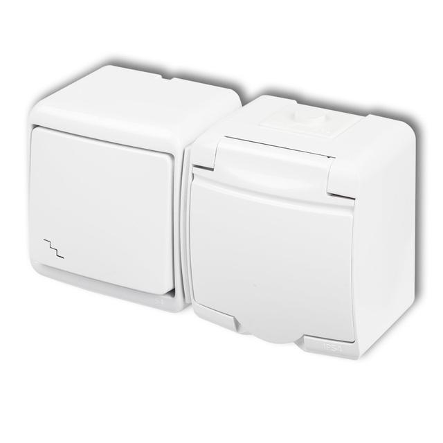 JUNIOR Łącznik schodowy z gniazdem pojedynczym z uziemieniem 2P+Z (klapka biała; przesłony torów prą