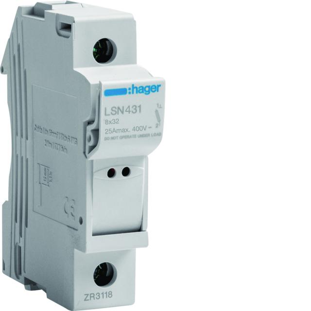 Modułowa podstawa bezpiecz. z lampką 1P wkł.bezp.cyl.L32 8X32mm 25A 400VAC LSN431 HAGER