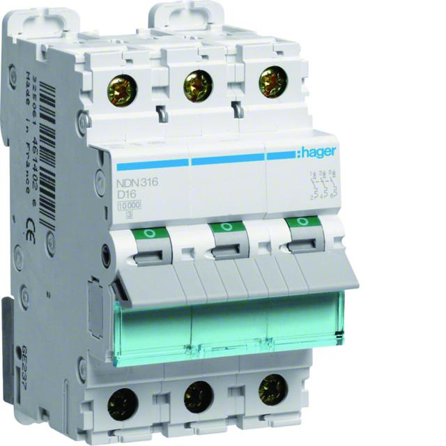 MCB Wyłącznik nadprądowy 10kA/15kA 3P D 16A NDN316 HAGER