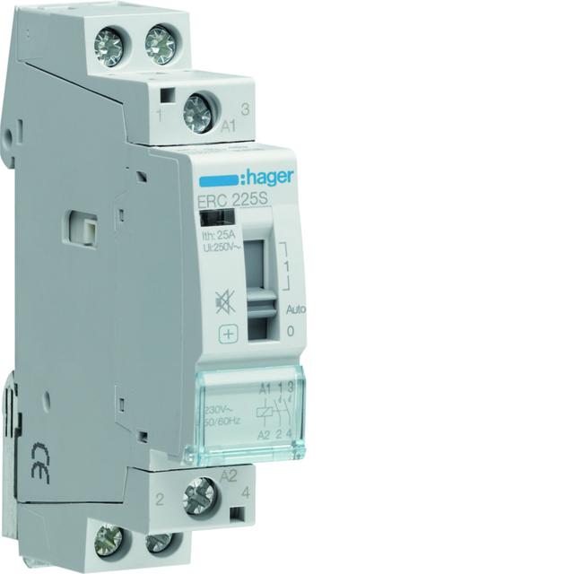 Stycznik modułowy cichy z możliwością sterowania ręcznego 230V AC 2Z 25A AC-7A B ERC225S HAGER