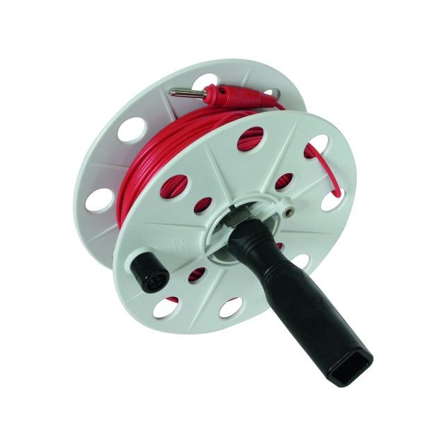 Bęben na przewód pomiarowy szer. 40 mm, przewód czerwony 50 m, tworzywo kolor szary