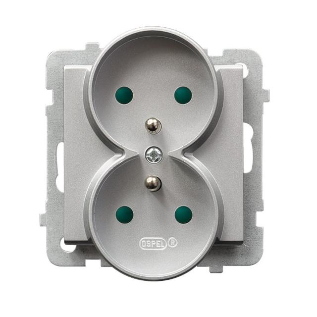 SONATA Gniazdo podwójne z uziemieniem z przesłonami torów prądowych, moduł bez ramki - kolor srebro