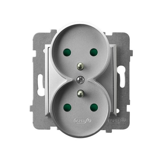 ARIA Gniazdo podwójne z uziemieniem z przesłonami torów prądowych, moduł bez ramki - kolor srebro GP