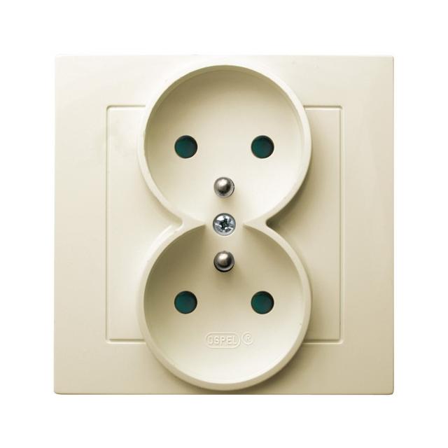 AS Gniazdo podwójne z uziemieniem z przesłonami torów prądowych, kompletne z ramką - kolor ecru