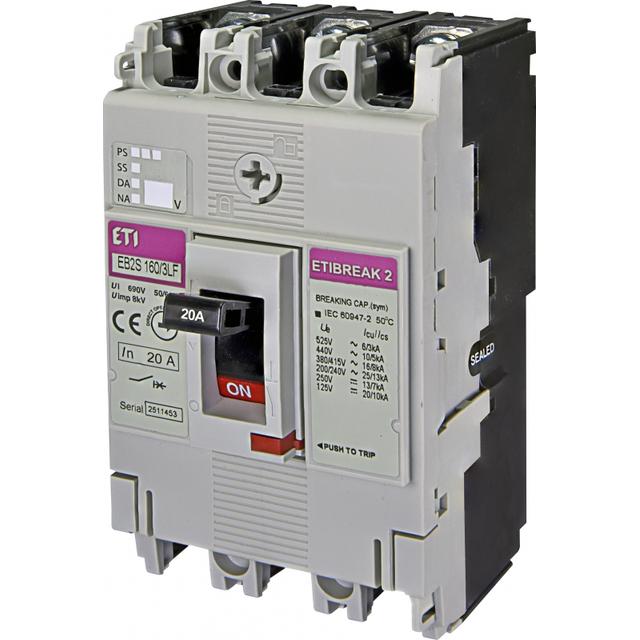 Wyłącznik mocy 3P 16kA wyzw. TM (bez regulacji) EB2S 160/3LF 20A 3P 004671802 ETI