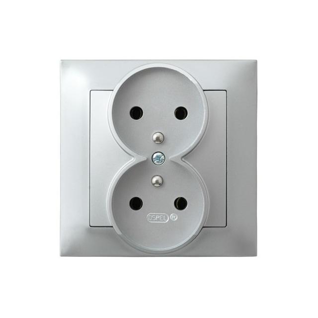 IMPRESJA Gniazdo podwójne z uziemieniem kompletne z ramką - kolor srebro