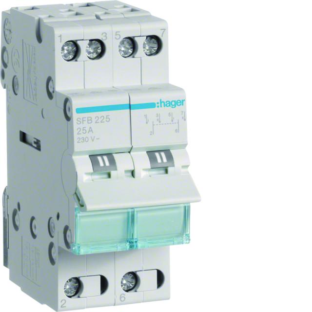 Modułowy przełącznik instalacyjny I-0-II punkt wspólny od dołu 2P 25A 230VAC SFB225 HAGER