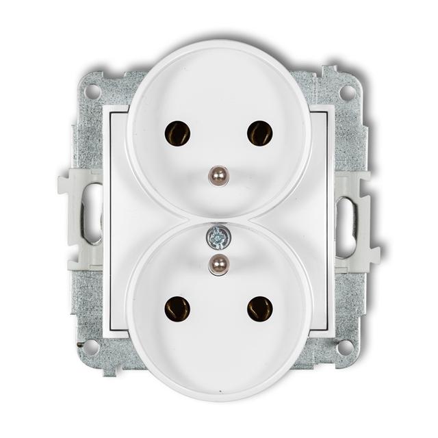 MINI Mechanizm gniazda podwójnego do ramki z uziemieniem 2x(2P+Z) (bez przesłon torów prądowych) bia