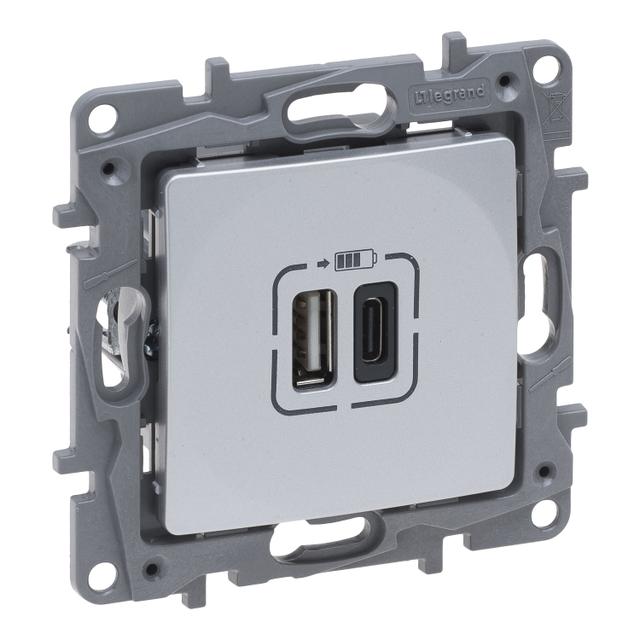 NILOE SELECTION - GNIAZDO 2 X USB TYP A+C - 3 A ALUMINIUM, Legrand