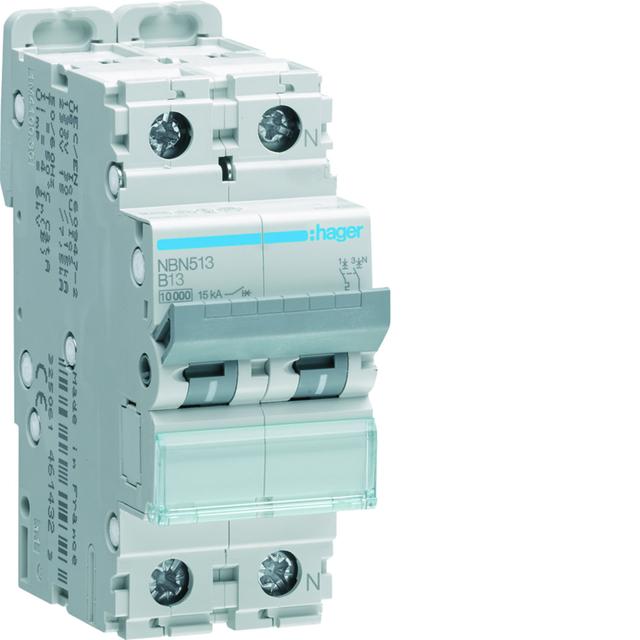 MCB Wyłącznik nadprądowy 10kA/15kA 1P+N B 13A NBN513 HAGER