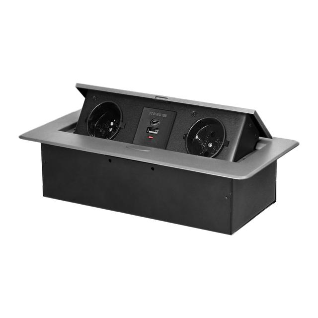 Gniazdo meblowe wpuszczane w blat z płaskim frezowanym rantem i ładowarką USB, 2x2P+Z, 2xUSB (typ A+