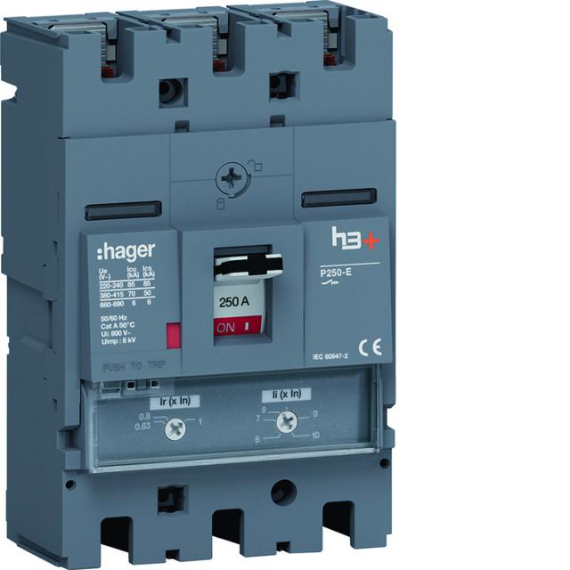 MCCB Wyłącznik mocy h3+ P250 3P 250A 70kA TM HET250DR HAGER