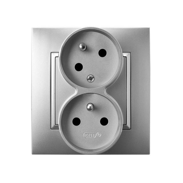 ARIA Gniazdo podwójne z uziemieniem z funkcją niezamienności faz, kompletne z ramką - kolor srebro