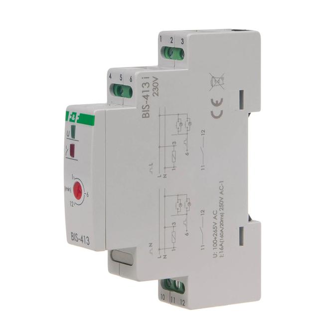 Przekaźnik bistabilny z wyłącznikiem czasowym na szynę DIN z przekaźnikiem inrush 160A/20ms BIS-413-LED F&F