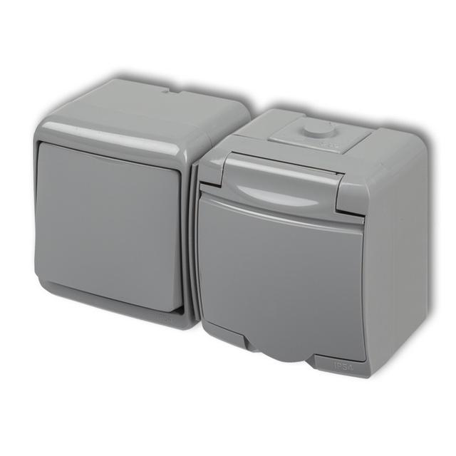 JUNIOR Łącznik jednobiegunowy z gniazdem pojedynczym z uziemieniem 2P+Z (klapka popielata; przesłony